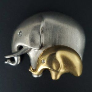 VTG Mother & Baby Elephant Brooch Pin Matte Silver & Gold tone Rhinestone Eyes